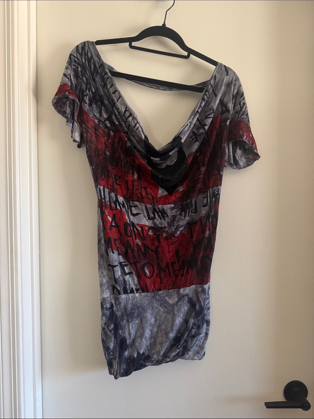 Women's Red and Gray Short Sleeve Tee with Draped Neckline